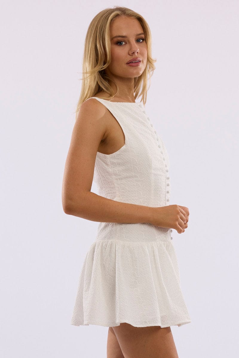 White Midi Dress Drop Waist Lace Fabric