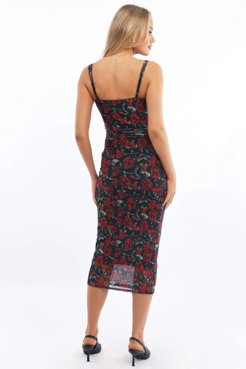 Black Floral Bodycon Dress Mesh