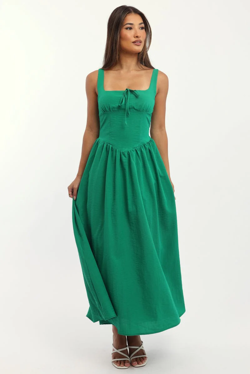 Green Midi Dress Gathered Bust