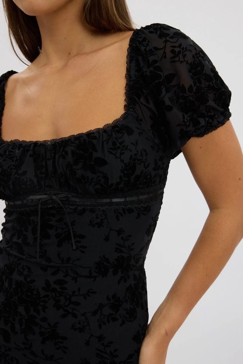 Black Maxi Dress Puff Sleeve Burn Out