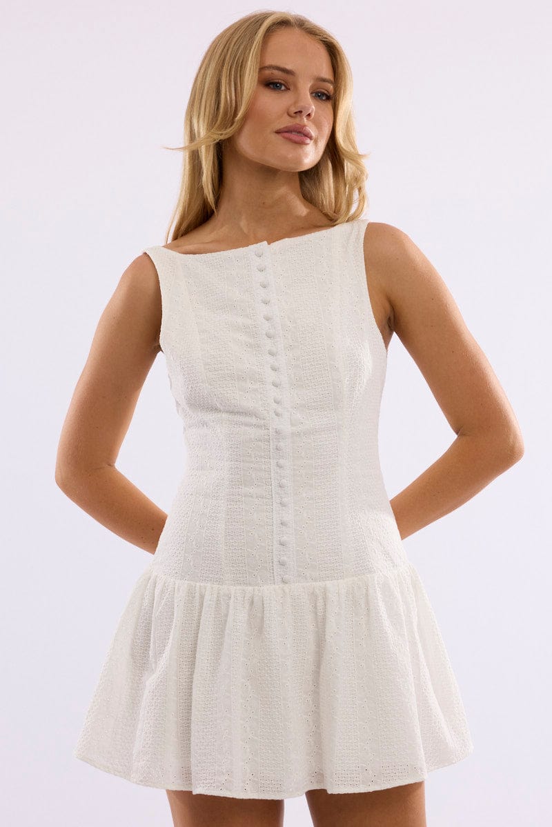 White Midi Dress Drop Waist Lace Fabric
