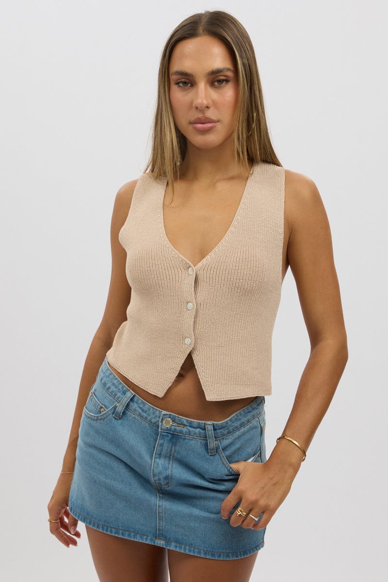 Beige Knit Vest V Neck