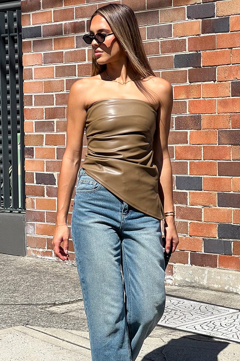 Beige PU Bandeau Top Gathered Slight Stretch