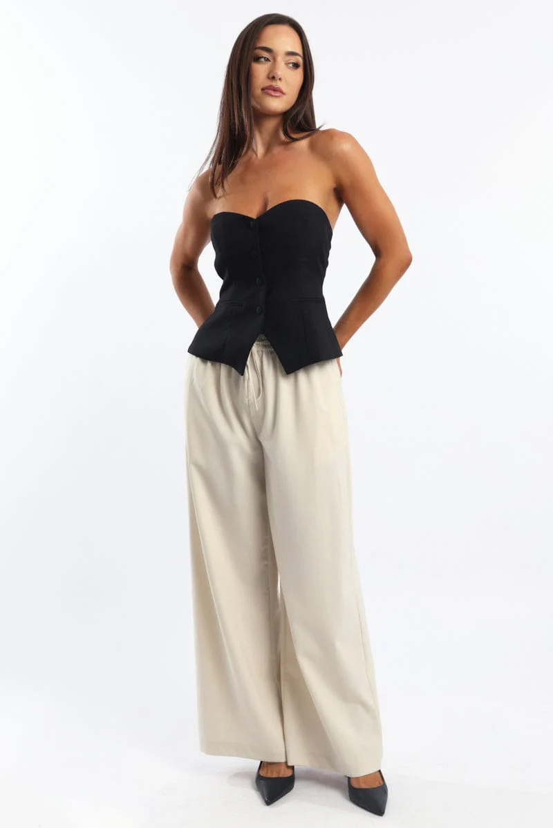Beige Wide Leg Pants Elasticated Waist