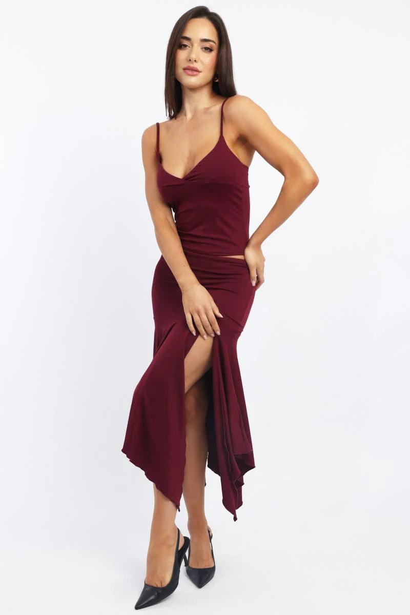 Red Scarf Hem Skirt High Rise Midi Asymm Supersoft