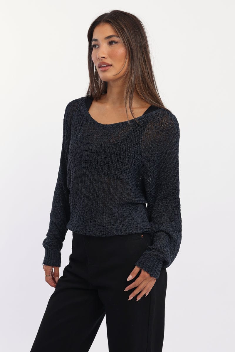 Blue Knit Top Asymmetric Neckline