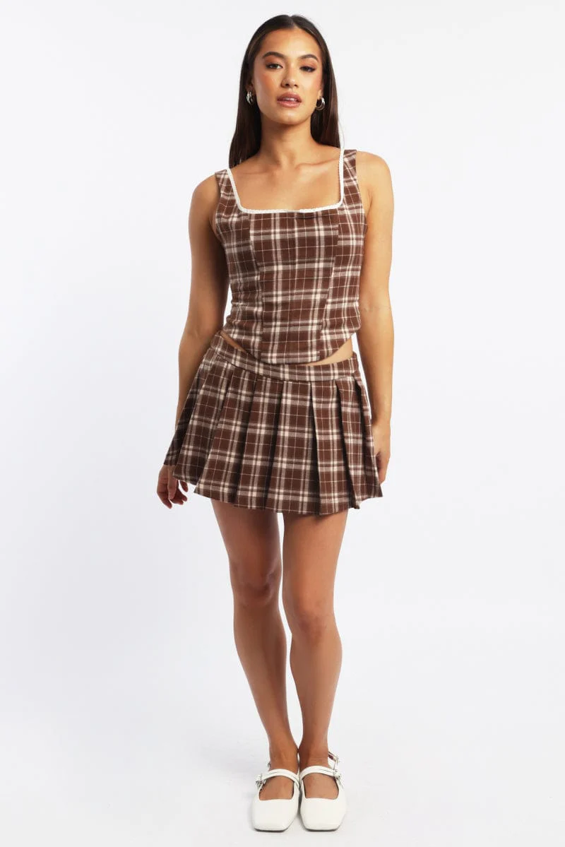 Beige Check Corset Top Sleeveless Scoop Neck Picot Trim Detail