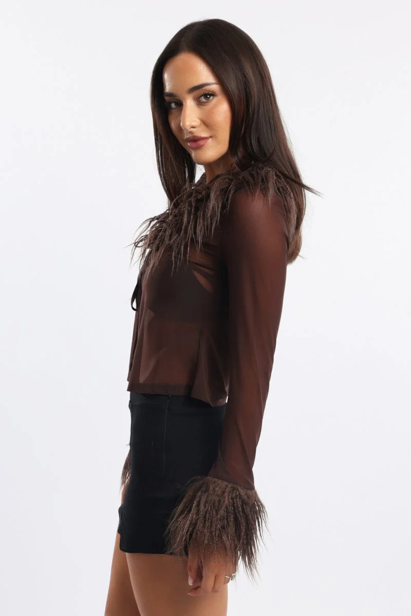 Brown Top Faux Fur Neckline And Cuff