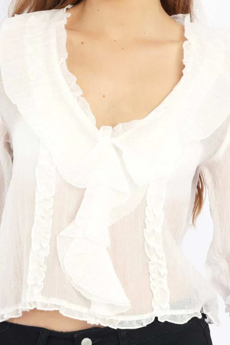 White Ruffled Top Mid Sleeve V-neck Poet's Blouse