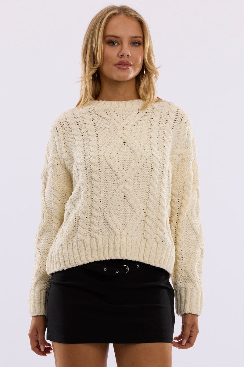 White Cable Knit Long Sleeve Crew Neck