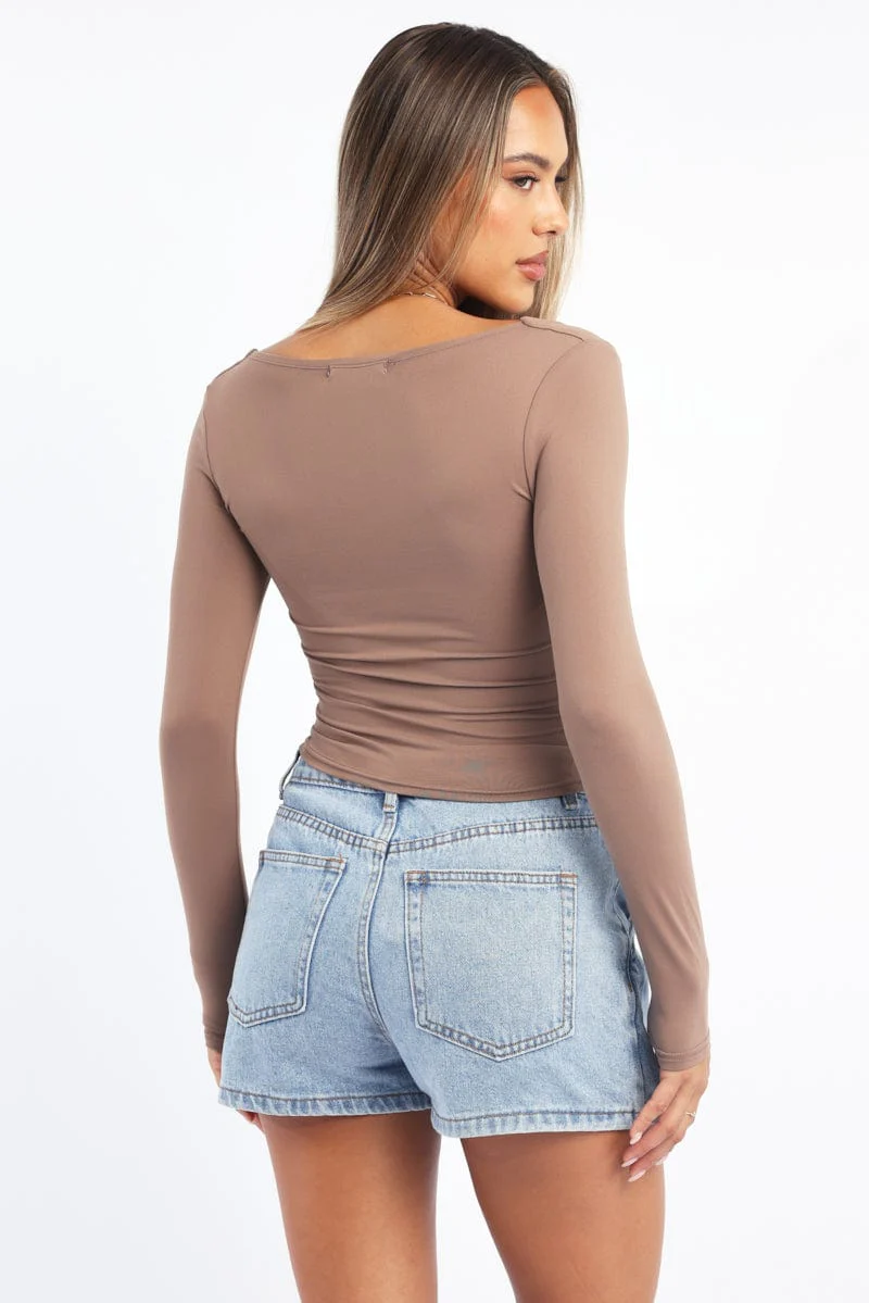Brown Supersoft Top Square Neck Long Sleeve
