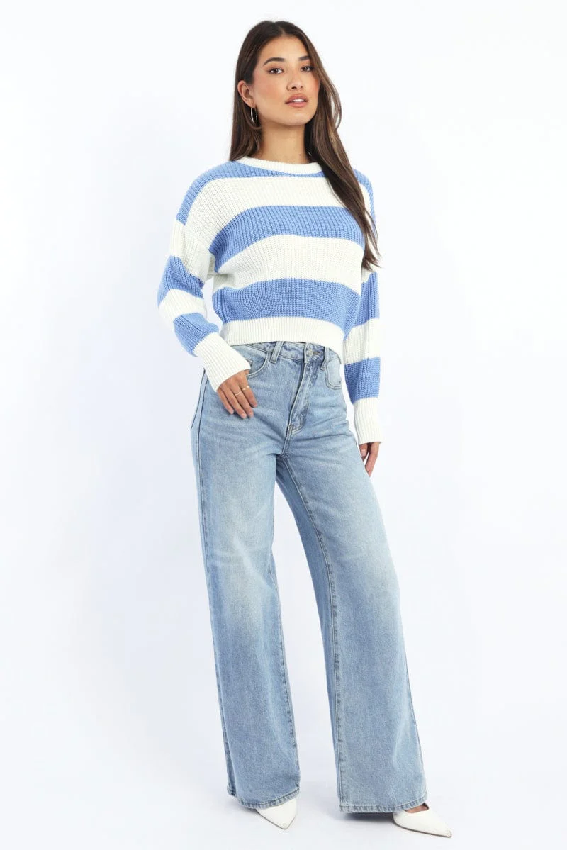 Blue Stripe Knit Top Long Sleeve Color Block