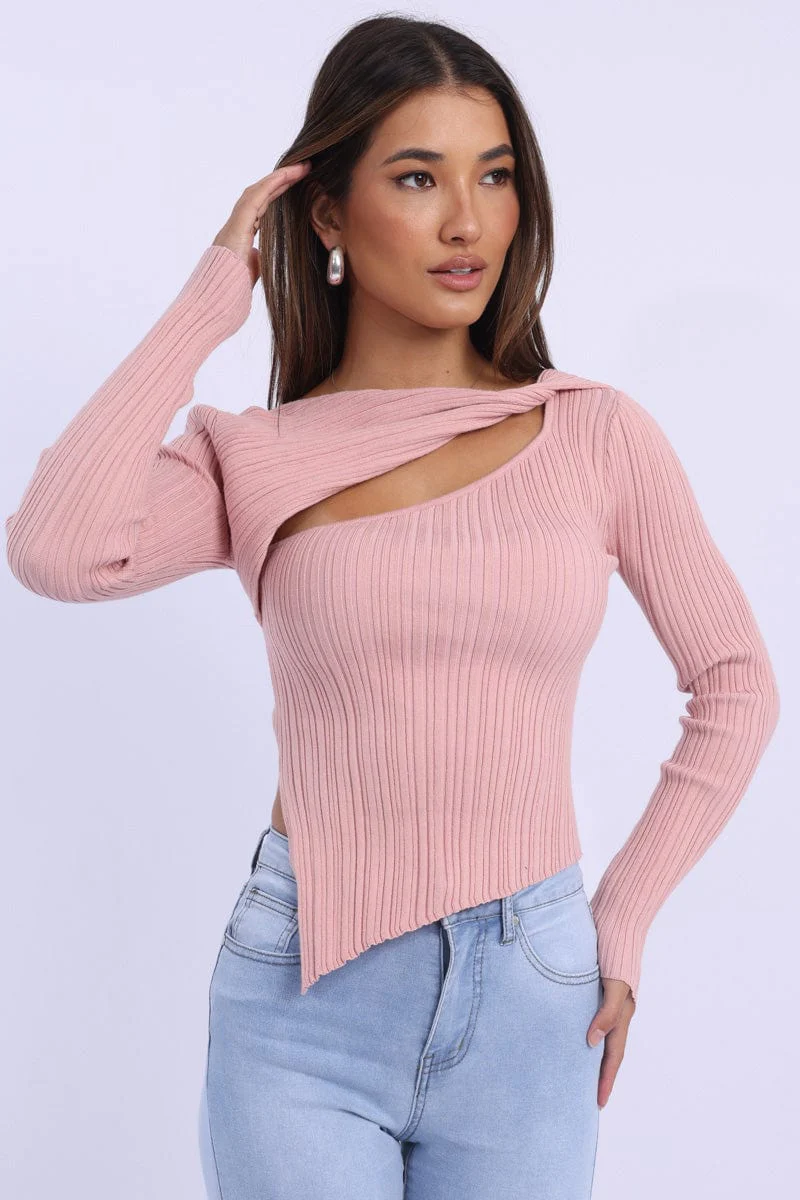 Pink Knit Top Long Sleeve Cut Out