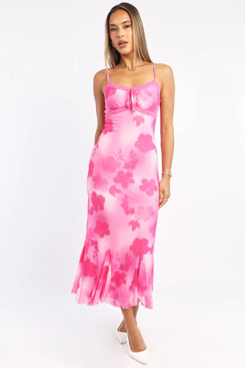 Pink Floral Bodycon Dress Midi