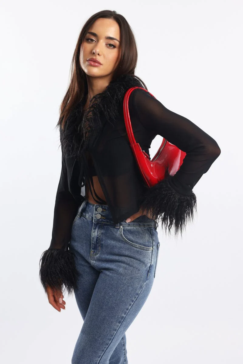 Black Top Faux Fur Neckline And Cuff
