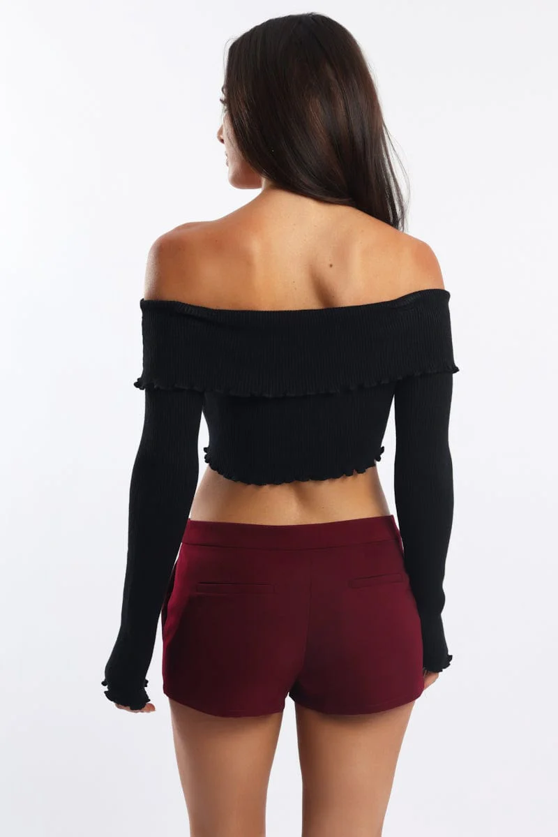 Black Bardot Knit Top Long Sleeve Open Front