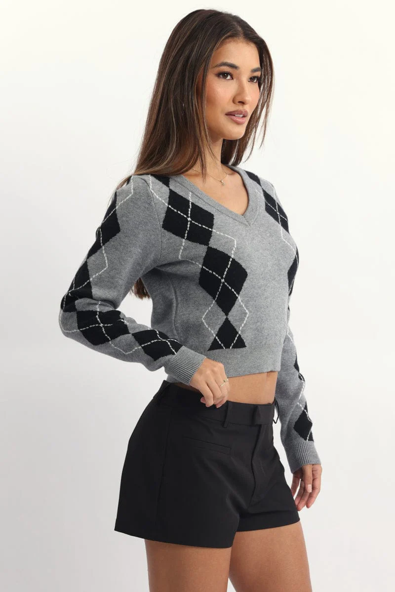Grey Check Knit Top Long Sleeve V-Neck Argyle