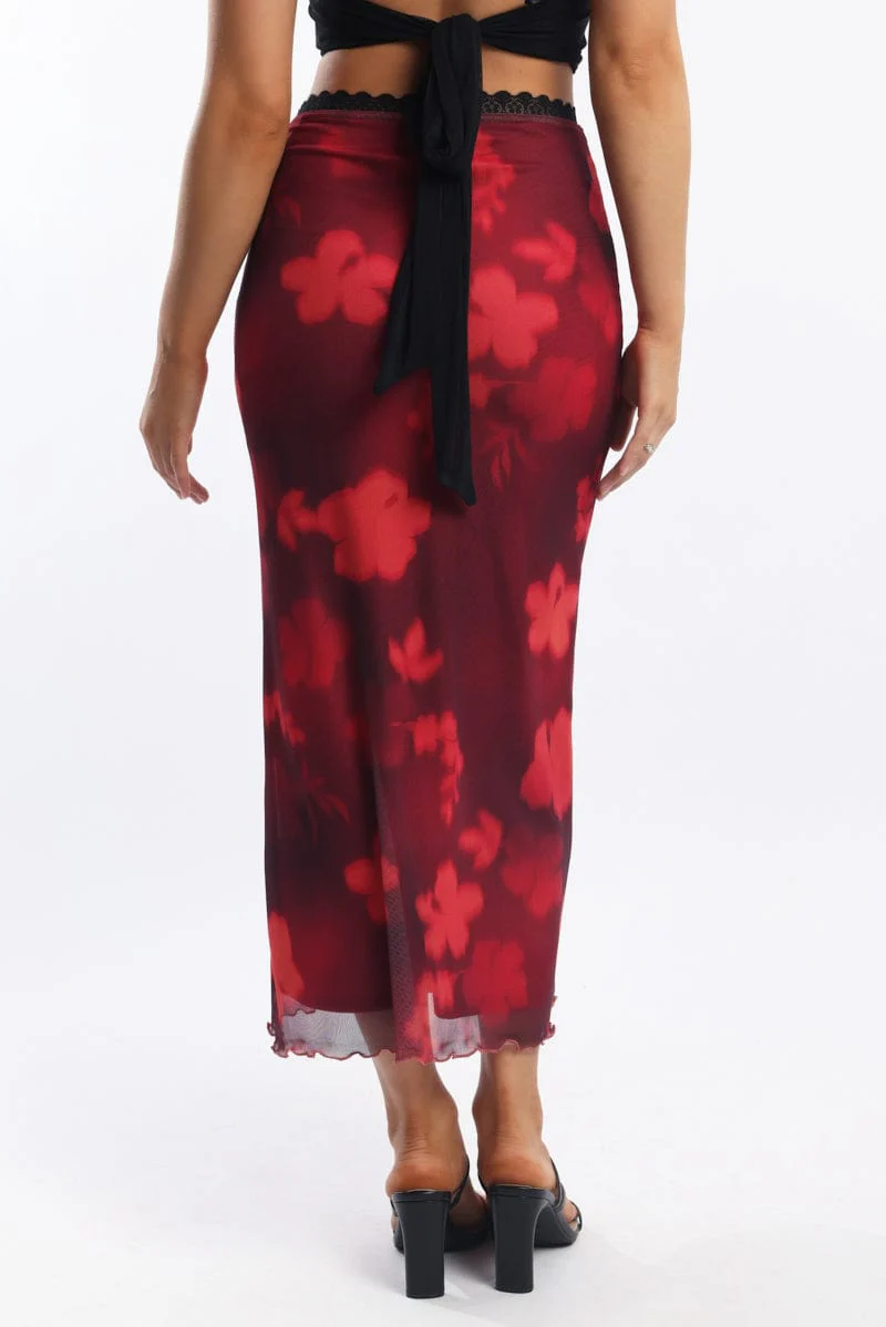 Red Floral Mesh Skirt Elasticated Lace Trim Midaxi