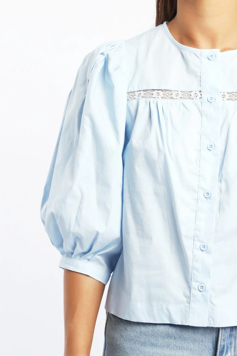 Blue Button Up Blouse Mid Sleeve Round Neck Lace Detail