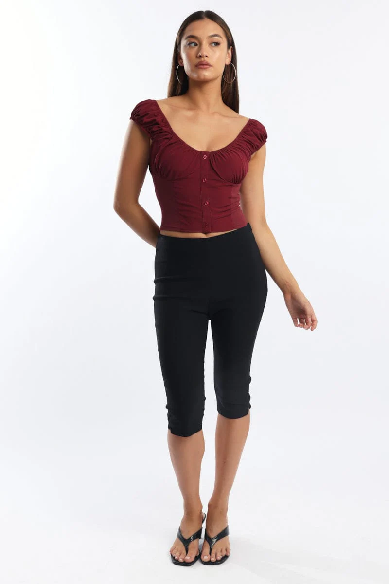 Red Crop Top Short Sleeve V Neck Button Details