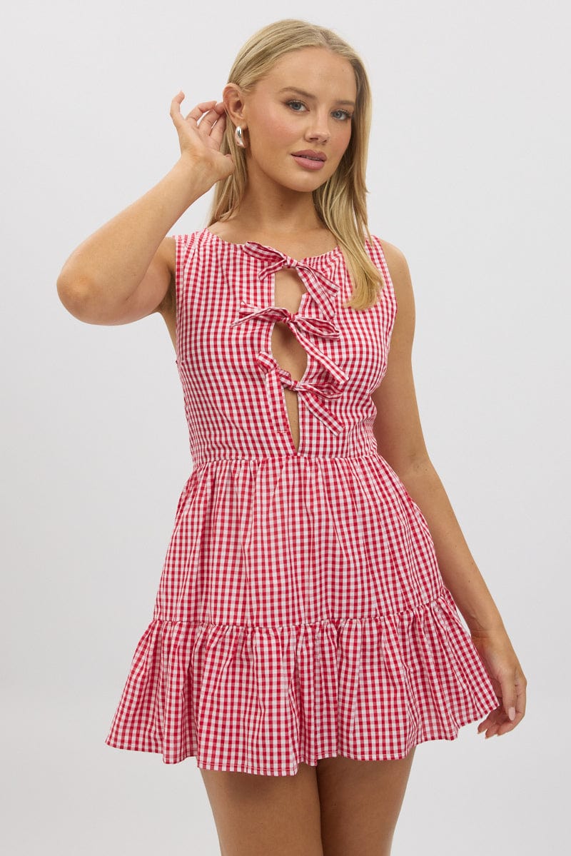 Red Check Mini Dress Ribbon Detail