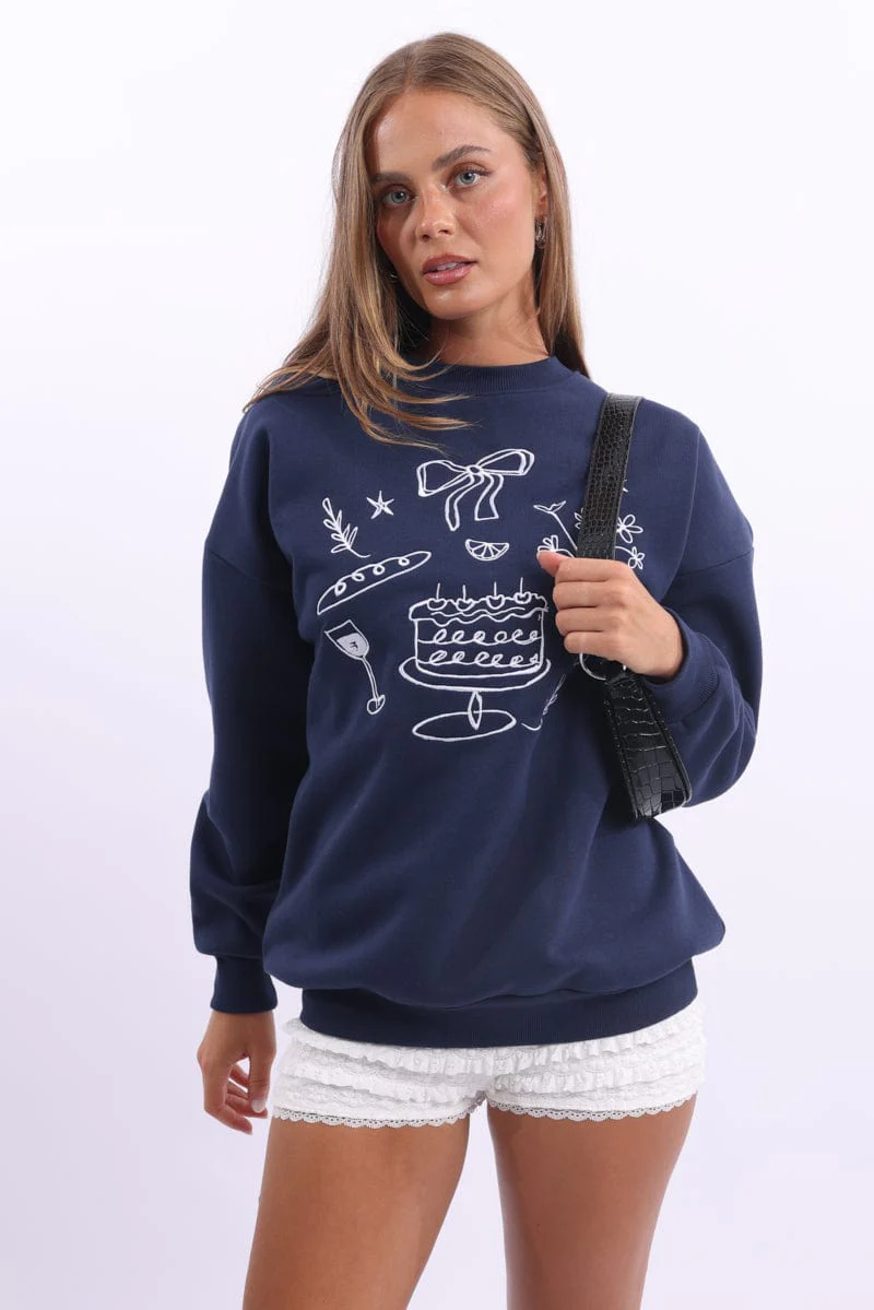 Blue Graphic Sweater Long Sleeve