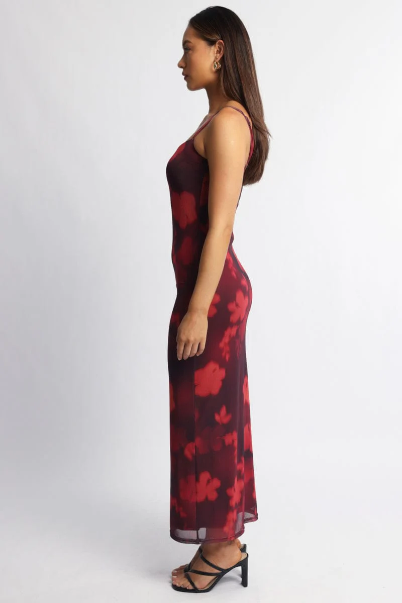 Red Floral Bodycon Dress Maxi Mesh