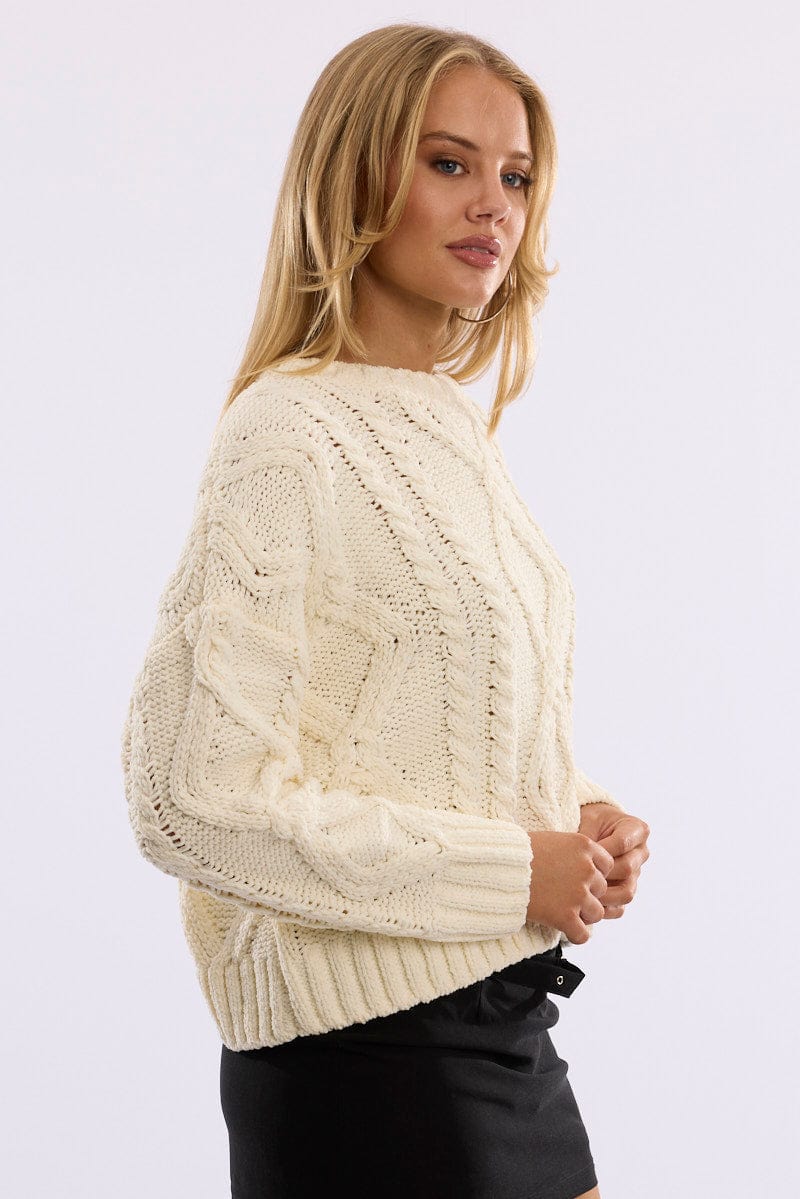 White Cable Knit Long Sleeve Crew Neck