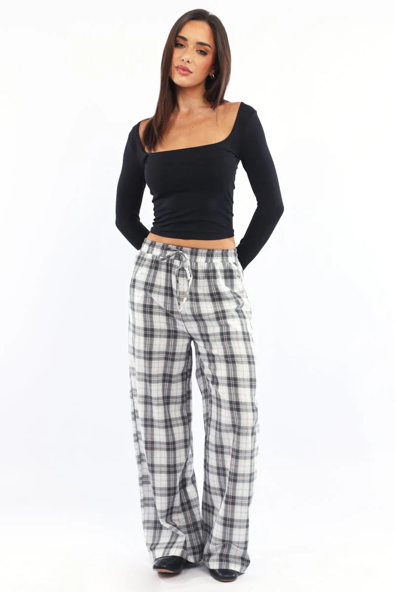 Multi Check Wide Leg Pants Elasticated Waist