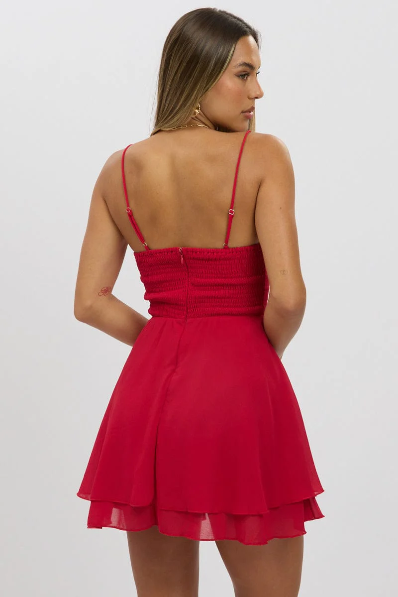 Red Fit And Flare Dress Strapless Corset Waist