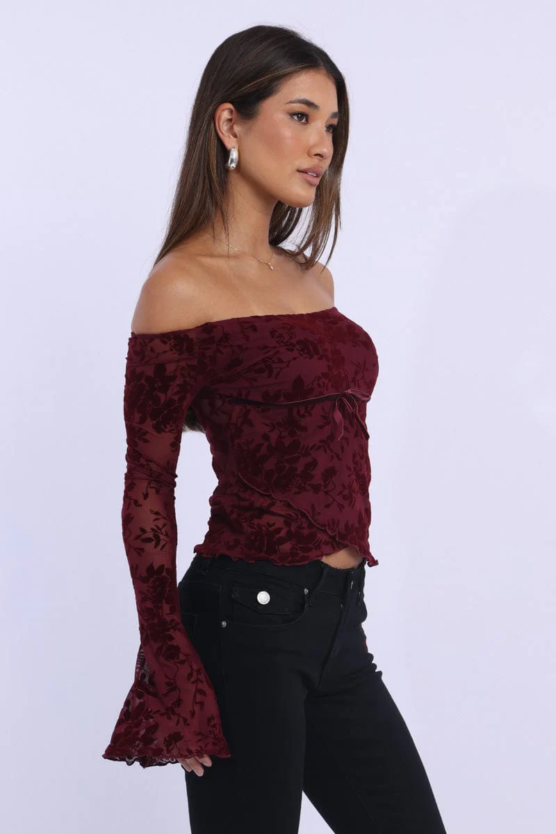 Red Off Shoulder Top Long Sleeve
