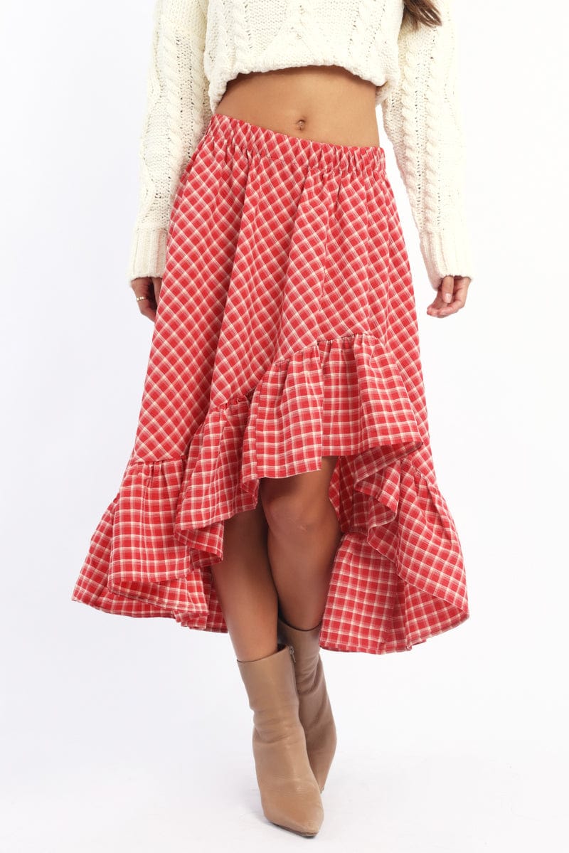 Red Check Asymmetric Midi Skirt Elastic Waist Frill Hem