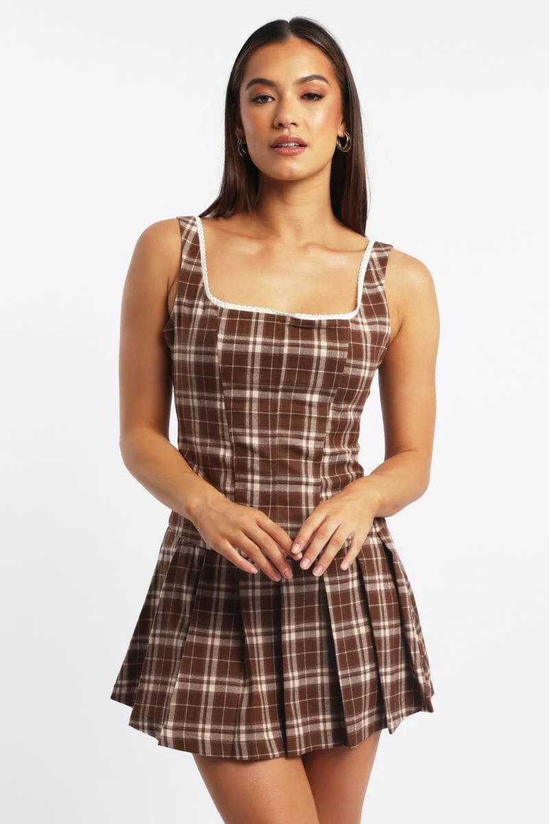 Beige Check Corset Top Sleeveless Scoop Neck Picot Trim Detail
