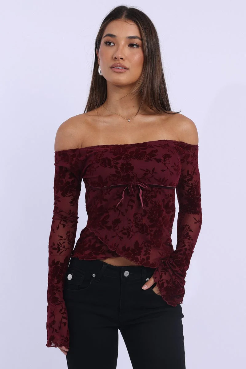 Red Off Shoulder Top Long Sleeve