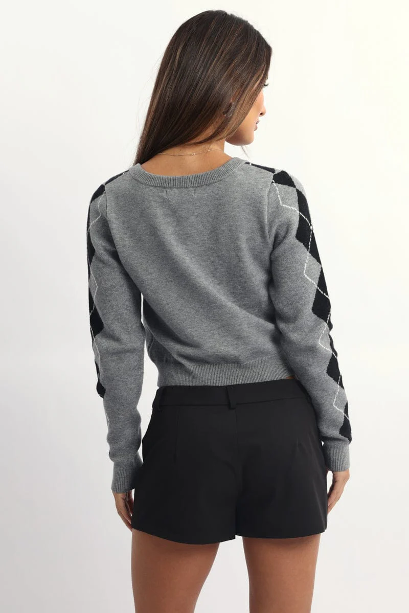 Grey Check Knit Top Long Sleeve V-Neck Argyle