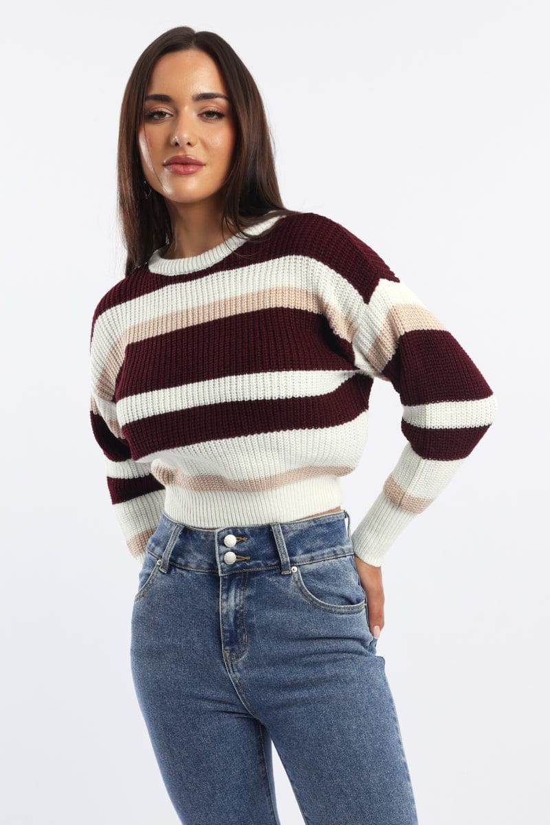 Red Stripe Knit Top Long Sleeve Color Block