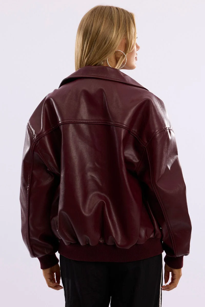 Red Bomber Jacket Faux Leather