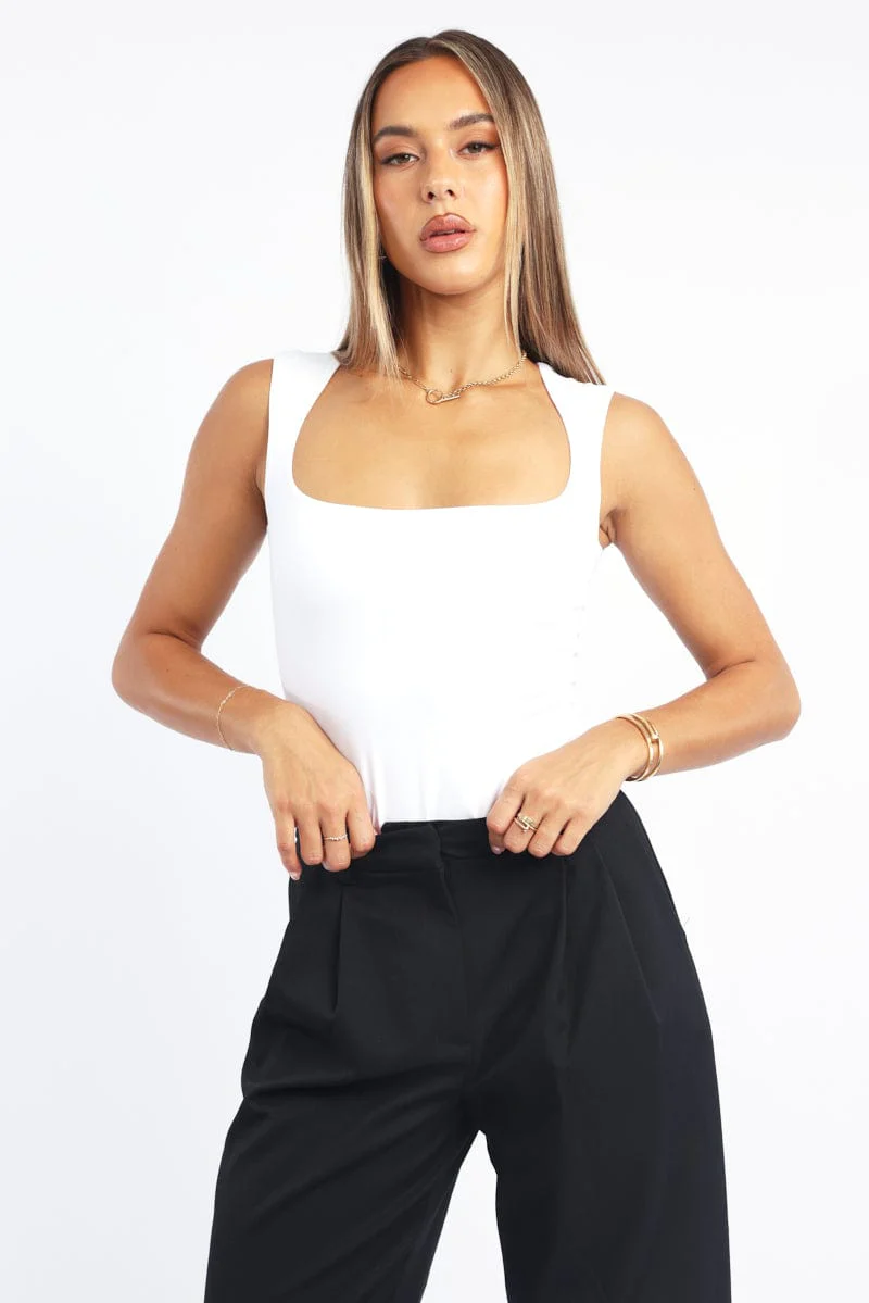 White Supersoft Tank Top Square Neck Double Layered