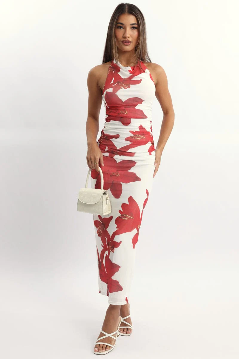 White Floral Bodycon Dress Halter Neck
