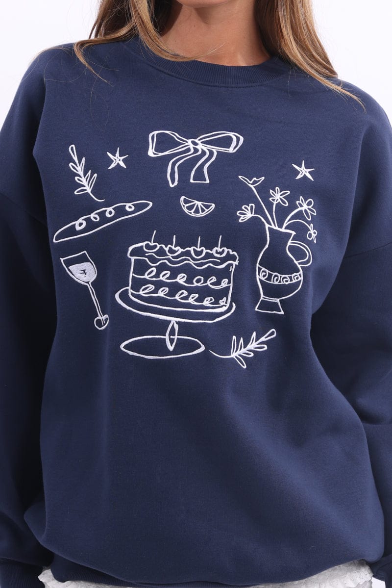 Blue Graphic Sweater Long Sleeve