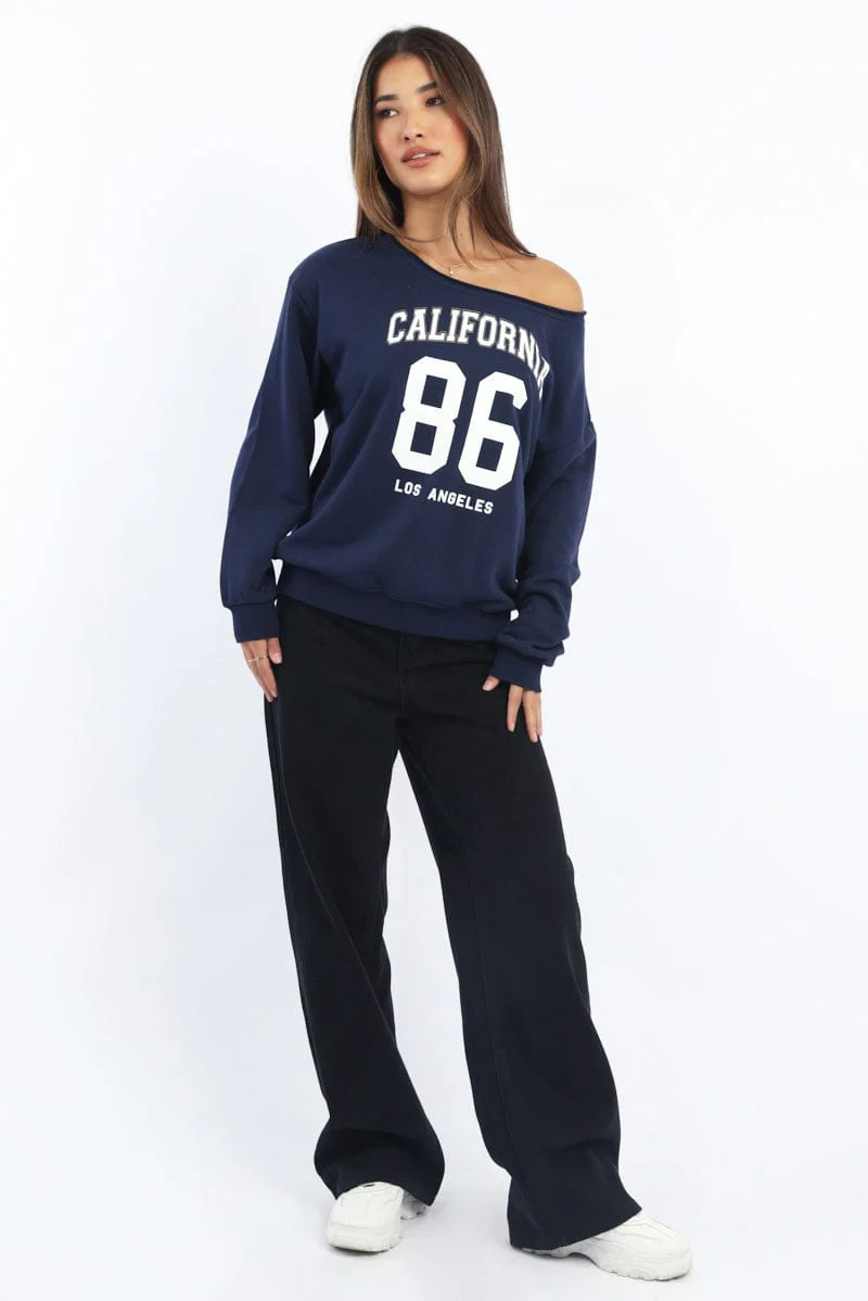 Blue Off Shoulder Sweater Long Sleeve