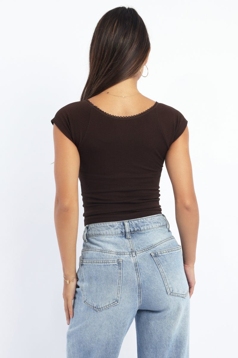 Brown Seamless Top Short Sleeve Picot Trim Rib