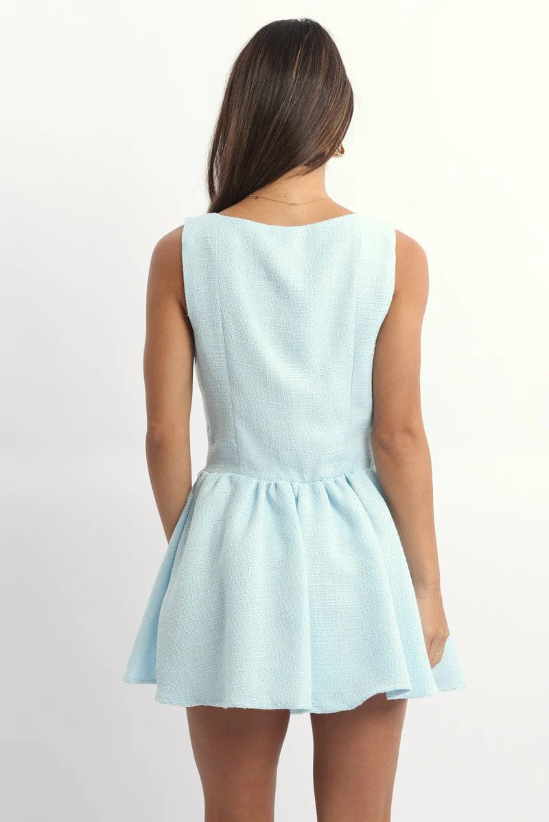 Blue Mini Dress Square Neck Tweed Fabric