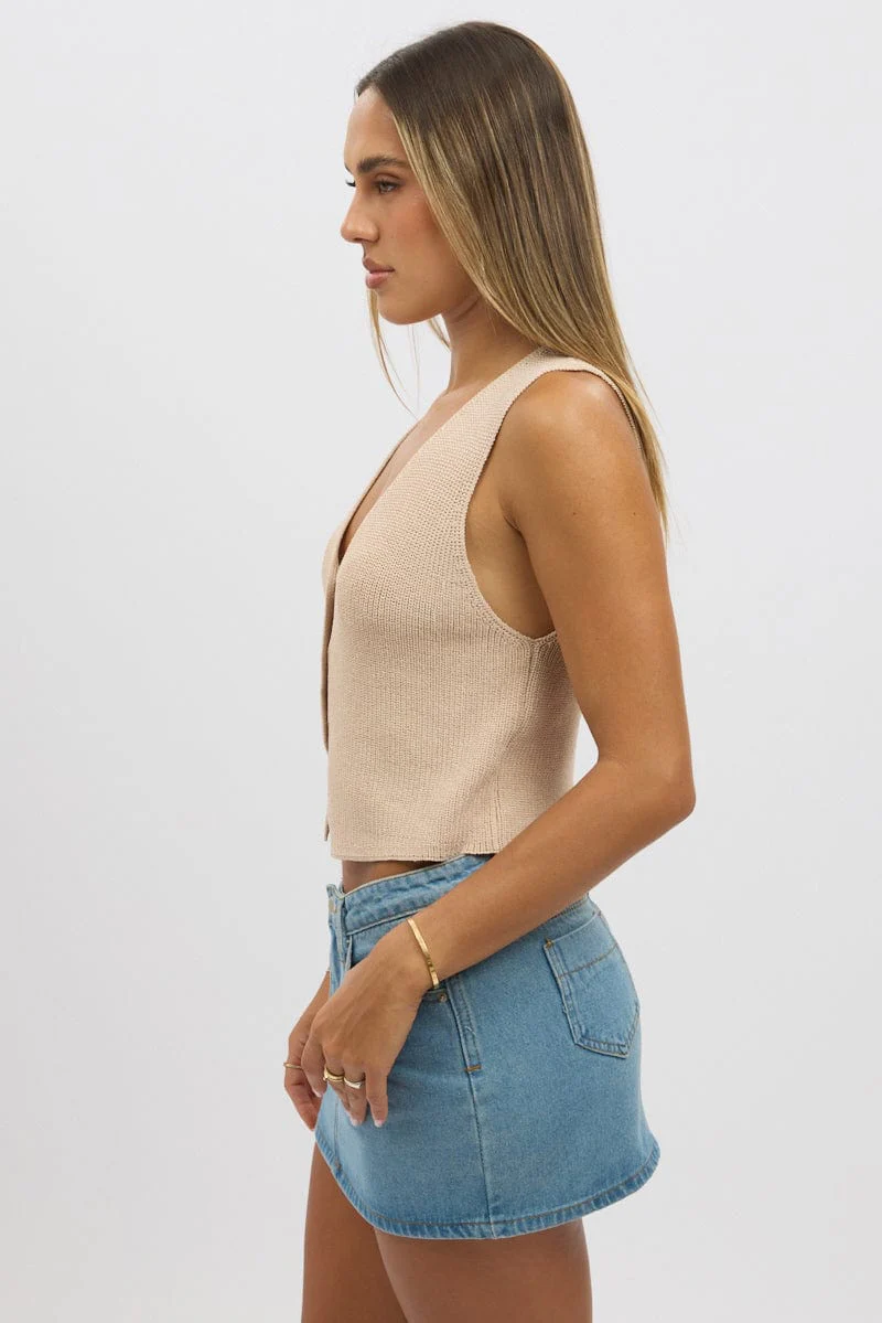 Beige Knit Vest V Neck