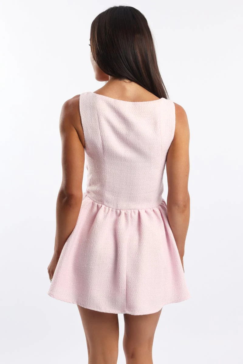 Pink Mini Dress Square Neck Tweed Fabric