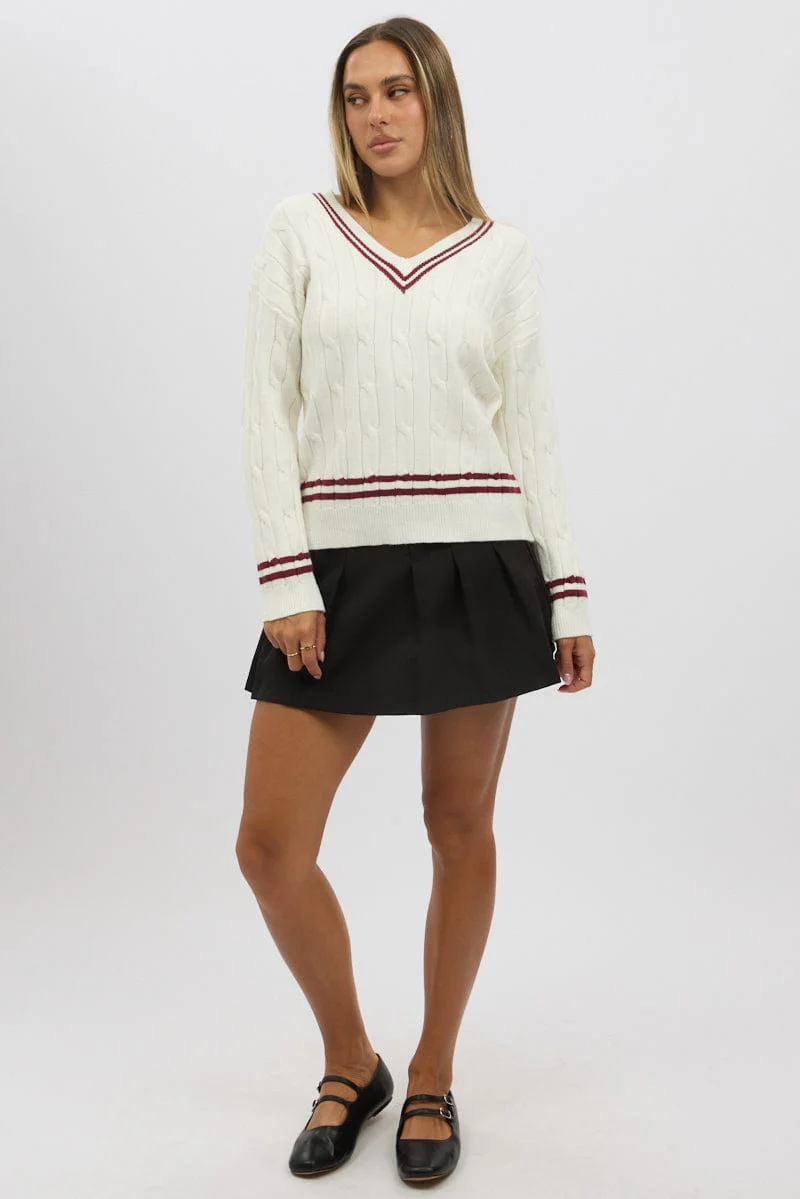 White Cable Knit Top Long Sleeve V-Neck