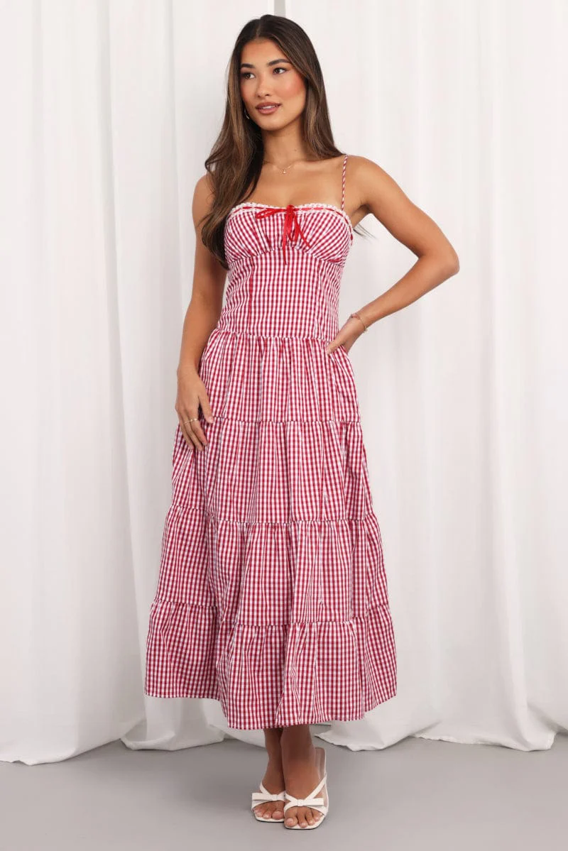 Red Check Maxi Dress Satin Tape Detail