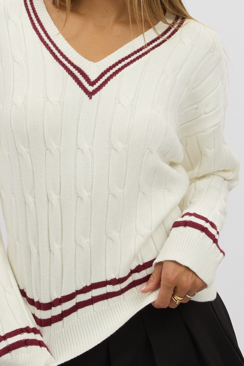White Cable Knit Top Long Sleeve V-Neck