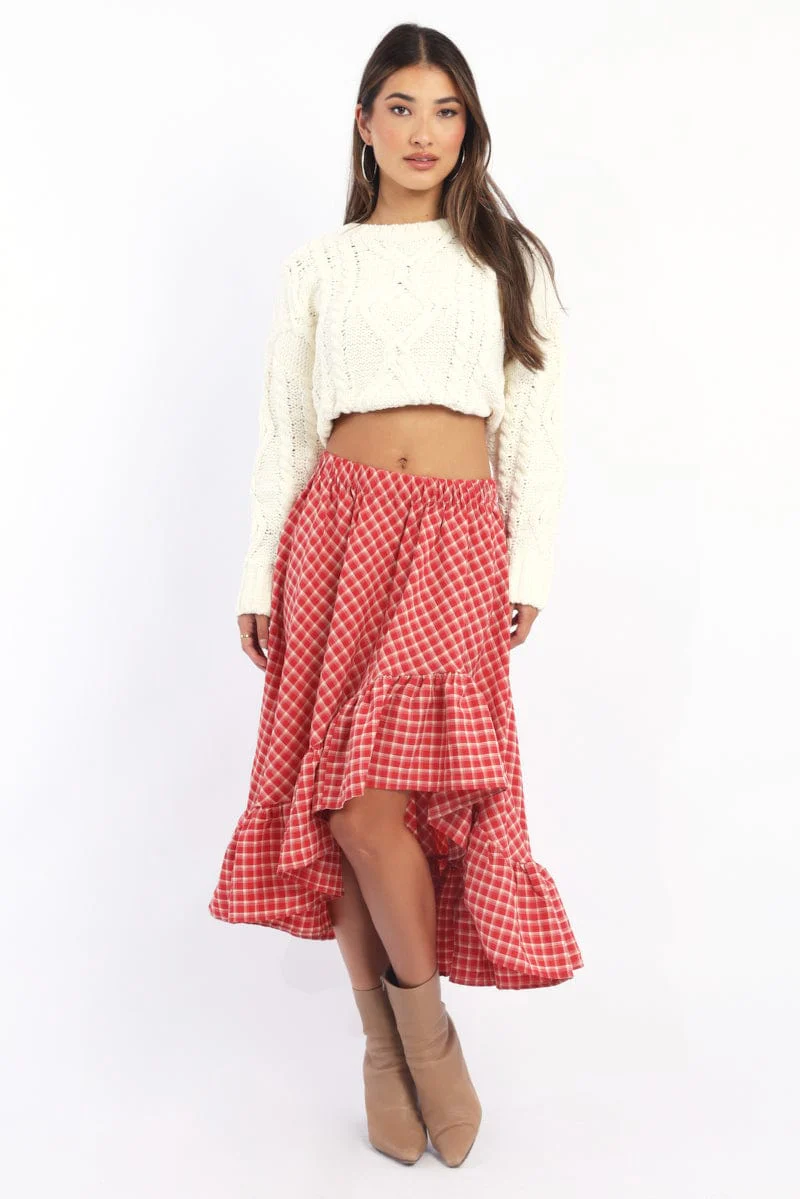 Red Check Asymmetric Midi Skirt Elastic Waist Frill Hem