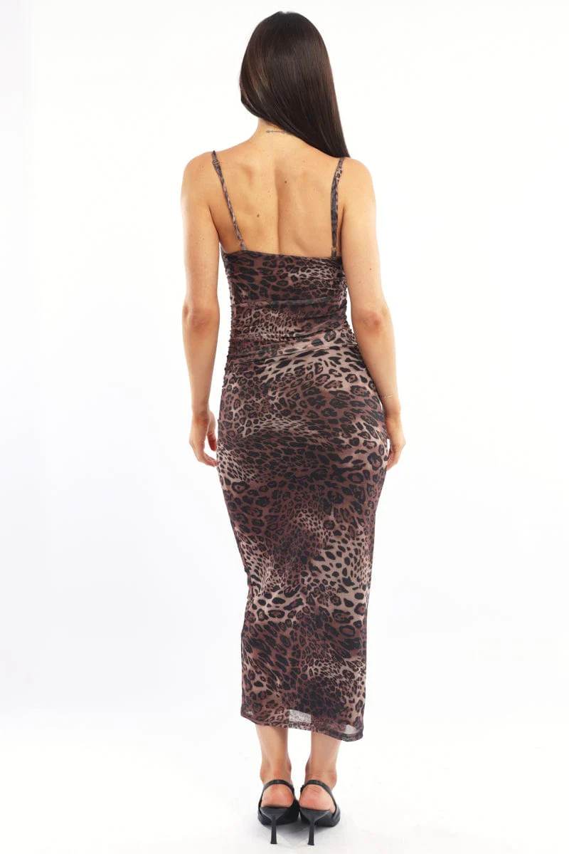 Brown Animal Print Bodycon Dress Maxi Mesh